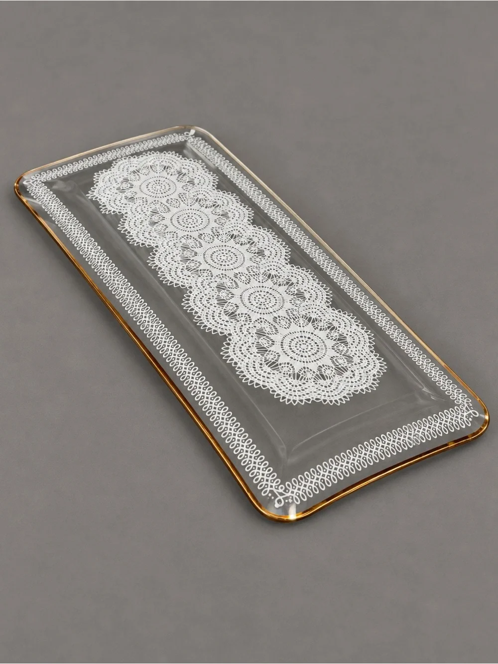 Crystal Clear Industries White Lace Gold Trim 13” Glass Tray Vintage
